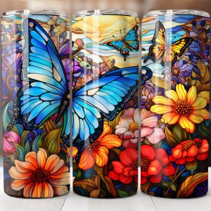 טאמבלר זכוכית צבעונית עם פרפר, פרחים ועלים