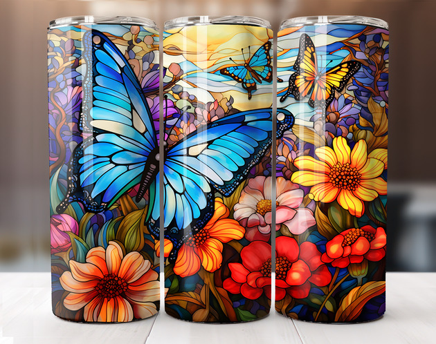 טאמבלר זכוכית צבעונית עם פרפר, פרחים ועלים