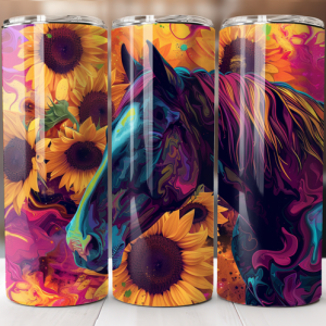 טאמבלר סוס עם רעמה צבעונית עומד מול חמניות