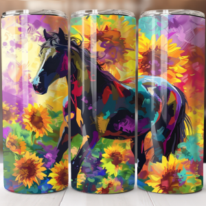 טאמבלר סוס בשדה של פרחים עם רקע צבעוני.